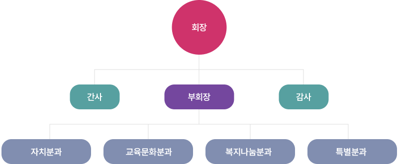 호법면 주민자치회 조직도: 회장, 부회장, 간사, 감사, 특별분과, 문화교육분과, 복지나눔분과