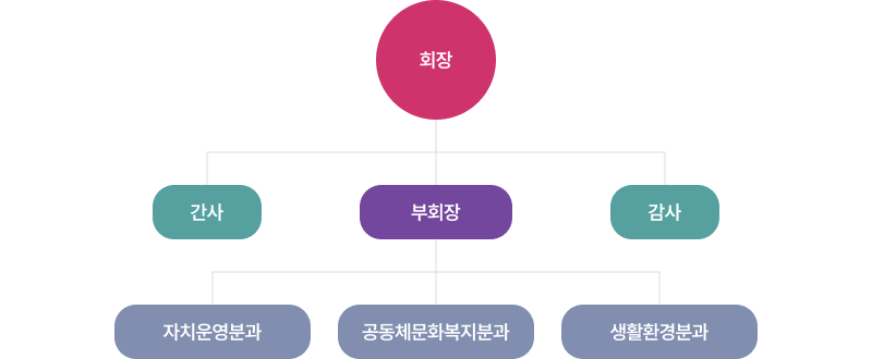 대월면 주민자치회 조직도: 회장 - 회장, 부회장, 간사, 감사, 자치운영분과, 공동체문화복지분과, 생활환경분과