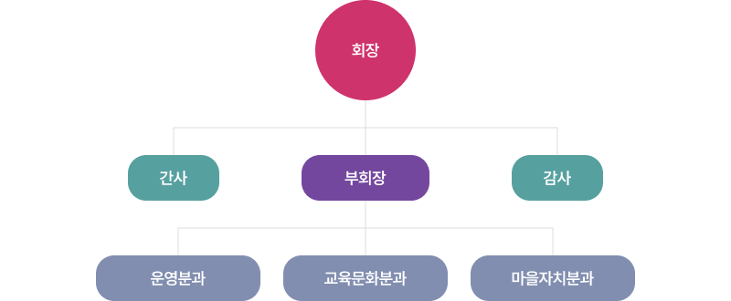 설성면 주민자치회 조직도: 회장, 부회장, 간사, 감사, 기획홍보분과, 교육환경분과, 문화분과, 행복증진분과