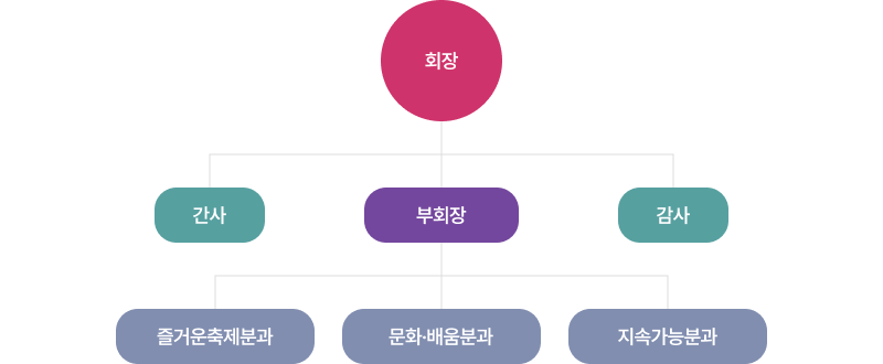중리동 주민자치회 조직도: 회장, 부회장, 간사, 감사, 즐거운축제분과, 문화배움분과, 지속가능분과
