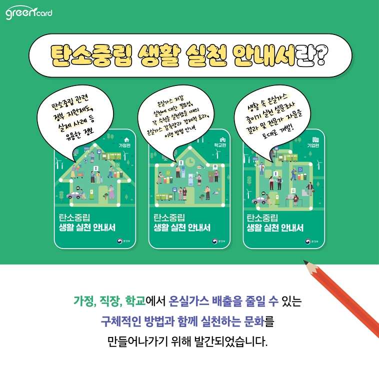 탄소중립 생활 실천 안내서란?, 탄소중립 생활 실천 안내서 - 가정편:탄소중립 관련 정부지원제도, 실제 사례 등 유용한 정보, 탄소중립 생활 실천 안내서 - 학교편:온실가스 저감 실천에 대한 필요성, 각 수칙을 실천했을 때의 온실가스 감축량과 경제적 효과, 이행 방법 안내, 탄소중립 생활 실천 안내서 - 기업편:생활 속 온실가스 줄이기 실천 설문조사 결과 및 전문가 자문을 토대로 개발!, 가정,직장,학교에서 온실가스 배출을 줄일 수 있는 구체적인 방법과 함께 실천하는 문화를 만들어나가기 위해 발간되었습니다. 